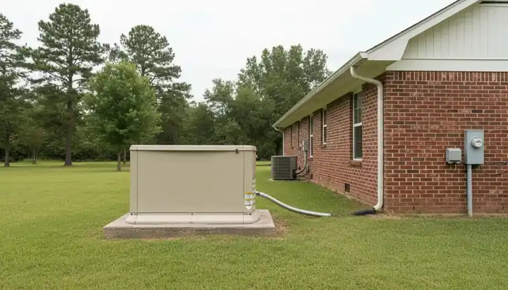 Standby generator on a concrete pad beside a brick East Texas home