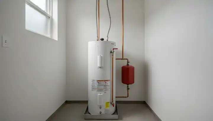 Newly installed tank water heater with supply lines and shut-off valve