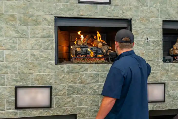 Lit gas fireplace on the TDi showroom wall in Tyler