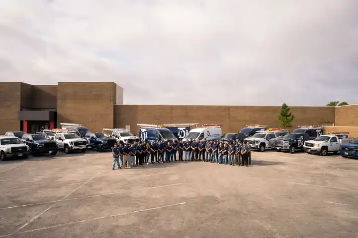 The TDi staff gathered in front of the full fleet of vans and trucks